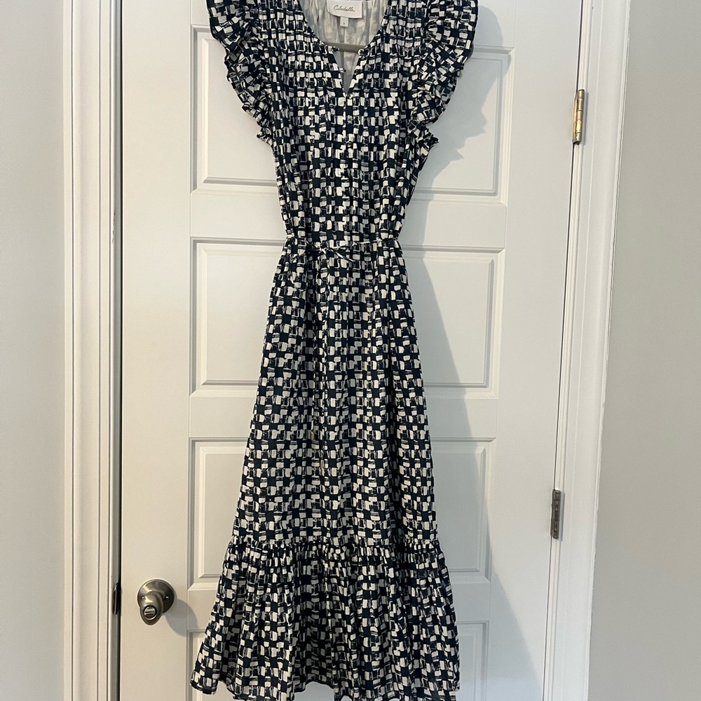 Cleobella Navy Blue and White Midi Dress